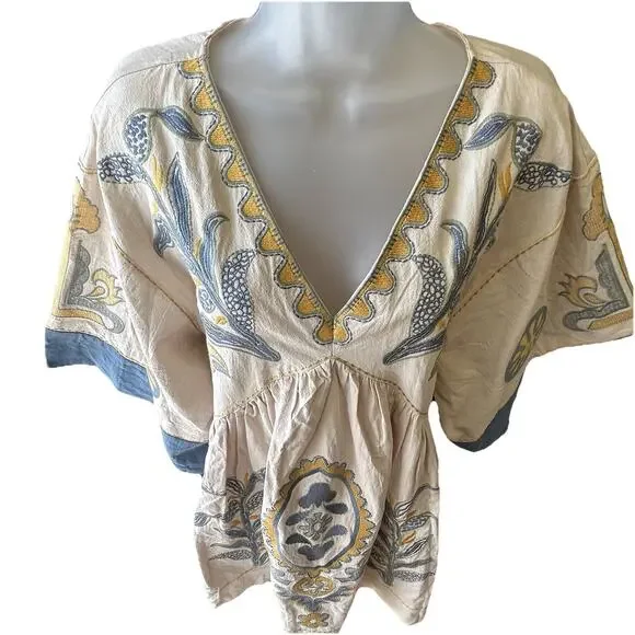 NEW Blue Velvet Embroidered Boho Babydoll Dress Women Size S/M Floral Beach - Picture 7 of 9